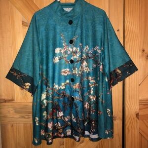 Teal Almond Blossoms Long Button Down Shirt With Pockets Size XL